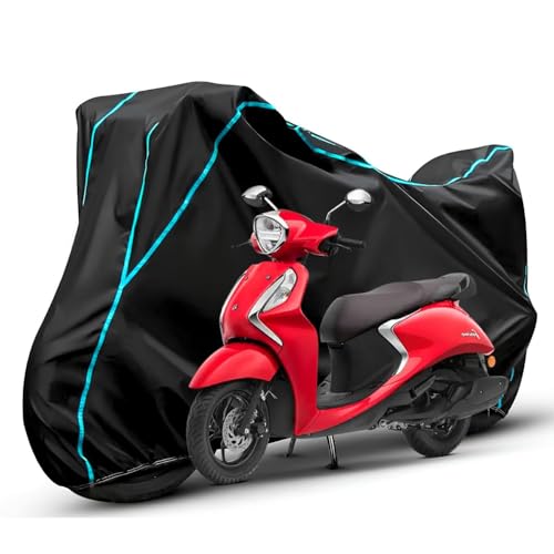 Image of Waterproof Bike Body Cover Compatible with Yamaha Fascino Dustproof Scratchproof - Motorcycle Cover for Two Wheeler, Outdoor Full Cover with UV, Duty, Rain Protection (Black & Aqua)