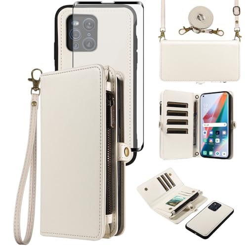Coque Oppo Find X3 Pro portefeuille blanche en cuir PU avec cordon et verre trempé
