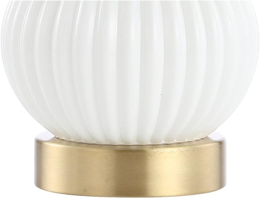 JONATHAN Y 20" White/Brass Gold Ribbed Gourd Glass Table Lamp, Modern Bedside Lamp for Bedroom Living Room, White Linen Drum Shade, LED Bulb Included JYL1099A