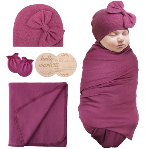Image of AQOKKA Newborn Receiving Blanket with Bow Hat Mittens Wooden Card Set Newborns Toddler Baby Boy Girl Nursery Swaddle Wrap
