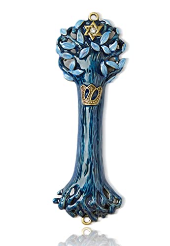 Bless This House with Tree of Life - Funda de mezuzah, diseño de textura de madera, hecho a mano con estrella de David para los hogares judíos, color azul índigo (grande de 5.5 pulgadas, índigo)