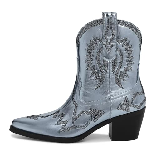 Image of HOCHFART Western Boots for Women Metallic Embroidered Pointed Toe Cowgirl Boots Chunky Heel Pull-On Short Cowboy Boots Wide Calf Country Ankle Boots