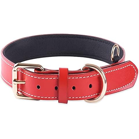 BFRLBFQ Adjustable Genuine Leather Padded Soft Dog Collars for Puppy Small Medium Large Breed Dogs Collar(Red) (S) Cover