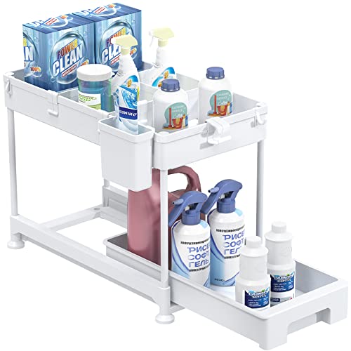 Spacekeeper Under Sink Organizer, Sliding Cabinet Basket Organizer 2 Tier Under Bathroom Storage Rack With Hooks, Hanging Cup, Dividers, Multi-Purpose Storage Shelf For Bathroom Kitchen, White #TOP1