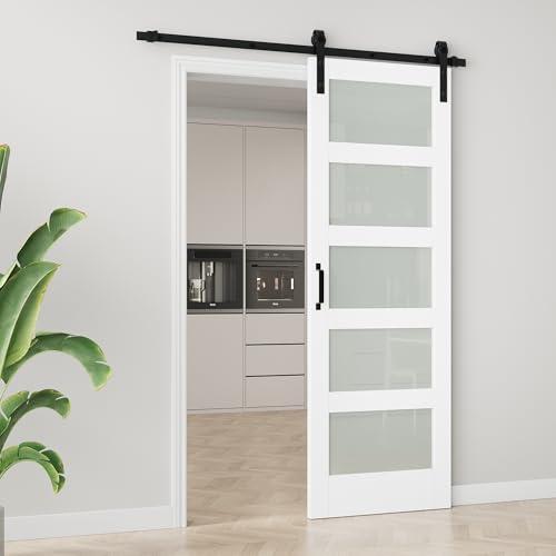 Image of 30 inchx84 inch Frosted Glass Barn Door with 6FT Sliding Hardware & Handle, White | Pre-Drill Holes Barn door for Easy Assembly, Solid Wood Sliding Barn Door with Excellent Privacy Protection & Sound Reduction