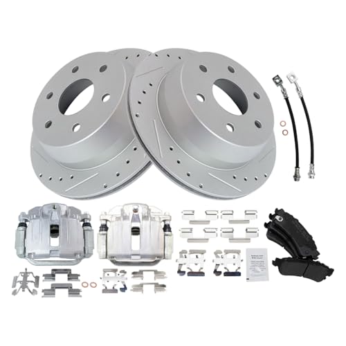 Image of TRQ Performance Rear Brake Pad and Rotor Set Semi Metallic Slotted Drilled Coated Rotors Calipers Compatible with 2000-2001 Chevrolet Tahoe GMC Yukon