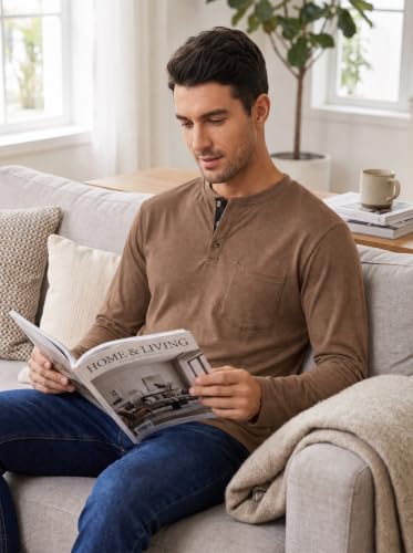 Image of Lexiart Mens Fashion Henley Shirts Long Sleeve Button Cotton T-Shirt with Pocket