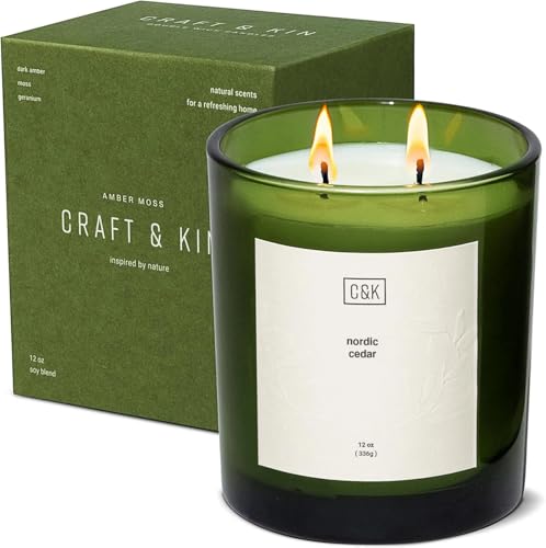 Craft & Kin Green Scented Candles | 12oz Premium Nordic Cedar Scented Candles for Men | Made with Natural Soy | Candle Gifts for Men and Women | Nature Collection
