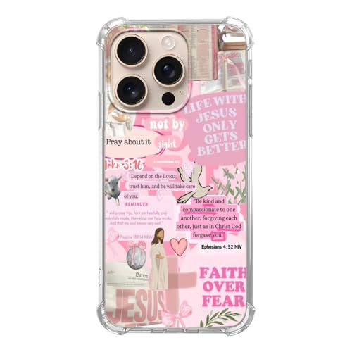 Coque iPhone 16 Pro Max chrétienne rose avec verset de la Bible et motif artistique