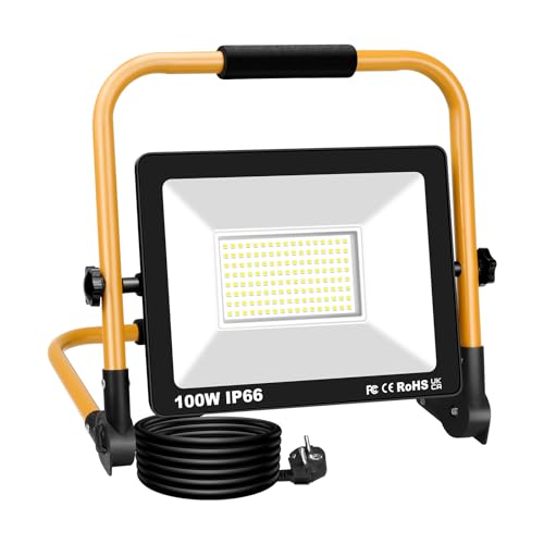 RIGIDON 100W Projecteurs de Chantier, 10000LM Lampe d'extérieur Pliable Portable Projecteur Led, Phare de Travail Led Pour Travaux d'atelier, Garage, Terrasse, Jardin, Etanche IP66 6000K Blanc
