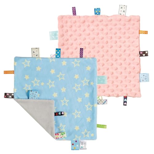 Image of CREVENT Security Blanket for Babies, Soft Baby Lovey Comforter, Sensory Plush Blanket for Baby Girls, Calming Sleep Companion, 10 inch x 10 inch 2pcs