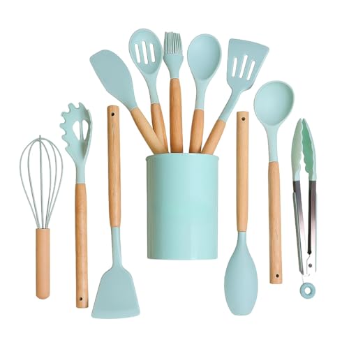 Image of 12 Pcs Silicone Cooking Utensils Set with Holder - Heat Resistant Spatula Turner Set, Wooden Spoons, Kitchen Gadgets Tools for Nonstick Cookware (12, Green)