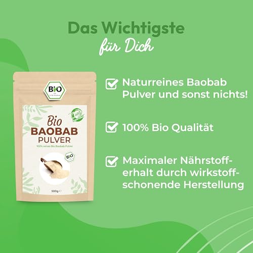 Curly Superfood Baobab Pulver Bio 500g - 100% naturreine BIO Rohkostqualität aus Afrika - Fein gemahlenes Bio Baobab Pulver für Smoothies, Säfte & Speisen