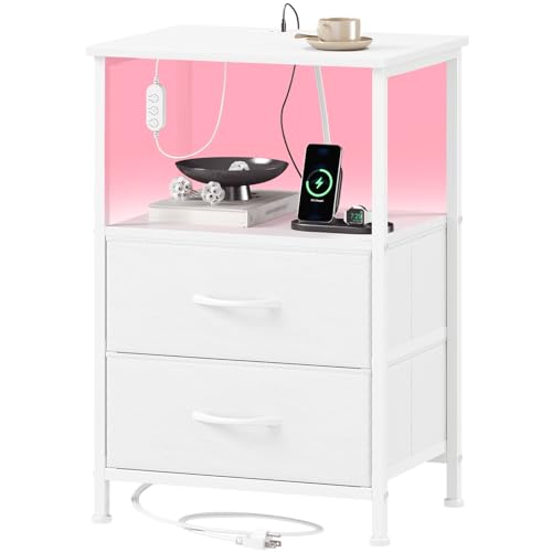 Somdot White Nightstand with Charging Station and LED Light for Bedroom 2 Drawers Dresser with Fabric Bins for Bedside Kids Dorm Room Closet Laundry Entryway White Leather