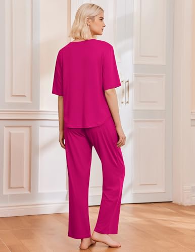 Image of Ekouaer 2 Pack Womens Pajamas Sets Short Sleeve Long Pants Pjs Lounge Set