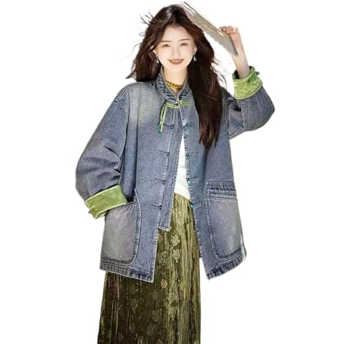 Suncadmious Chaqueta de mezclilla de empalme de bordado de botones casuales para mujer Chaqueta de mezclilla de choque de color de literatura de estilo nacional de empalme retro (Azul,L)