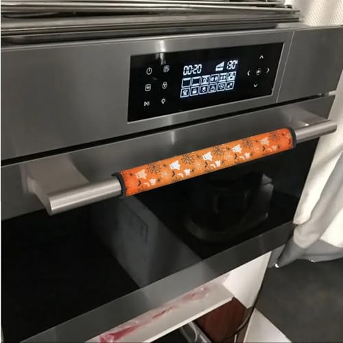 Image of Refrigerator Door Handle Covers Pack of 6 Neoprene Waterproof Door Cloth Protector for Kitchen Appliance Handles Home Decor and Accessories, Ghost Cat Bat Spider Web Halloween Decor Orange