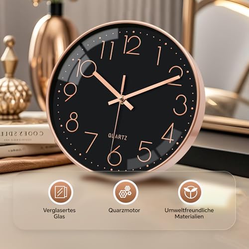 VIKMARI Stiller Wanduhr 25 cm Batteriebetrieben Nicht-Tickend mit 3D-Goldzahlen Quarzuhr Analog Deko für Schlafzimmer Büro Badezimmer (Roségold Schwarz) – Bild 3