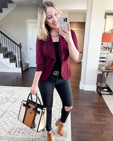 Beyove Women's Three Quarter Sleeve Solid Casual Work Office Slim One Button Short Blazer Wine Red M