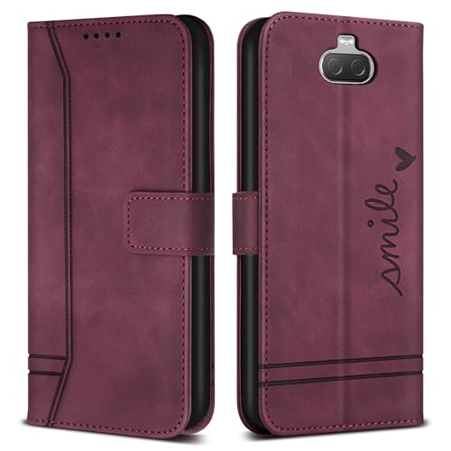 Bravoday Coque pour Sony Xperia 10, Étui Cuir avec Magnétique, Flip Pochette Housse, Vin Rouge
