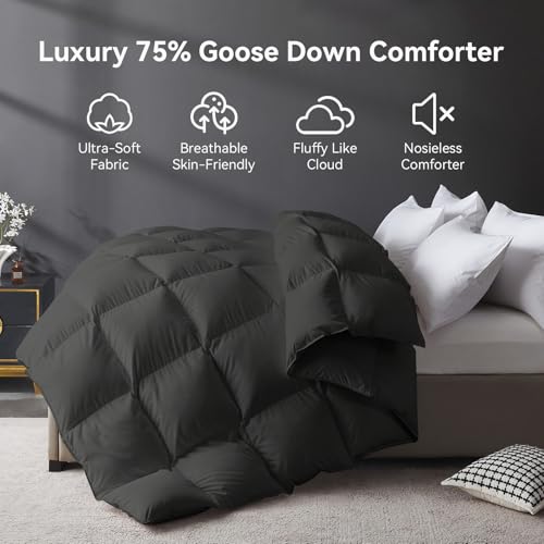 Image of L LOVSOUL Organic 75% Goose Down Fiber Comforter Cali King, Grey | All Season, 850+FP,1200TC Ultra Soft Cotton Blend Extra Fluffy,Hotel-Luxury Duvet Insert with 8 Corner Tabs,108X98IN