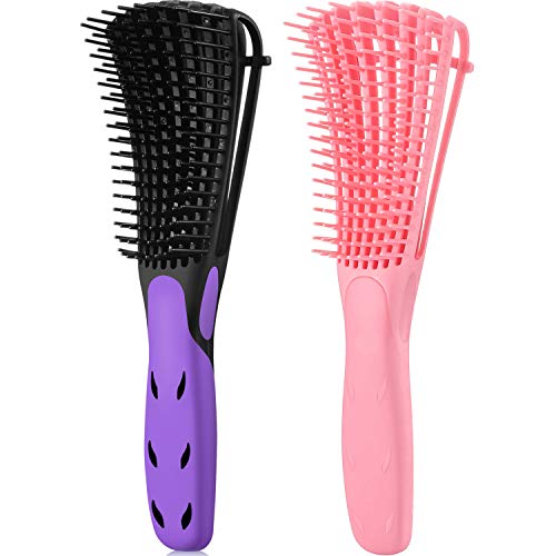 2 Pack Detangling Brush for Curly Hair, ez detangler brush Hair Detangler, Afro Textured 3a to 4c Kinky Wavy for Wet/Dry/Long Thick Curly Hair, Exfoliating for Shiny Curls (Black with Purple, Pink)