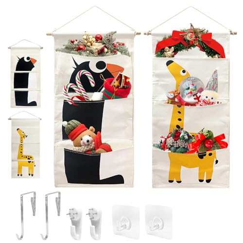 2Pcs Hanging Storage Bags, Wall Mount Closet Organizer with 6 Pockets, Linen Cotton Fabric Multifunctional Cartoon Animals Hanging Bag for Christmas Cabin Door Closet Cruise Travel Home Office