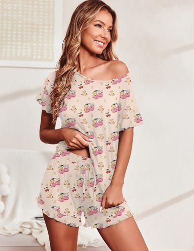 Image of Ekouaer Women's Pajama Set Ruffle Sleeves Top and Short | 2 Piece Ruffle Hem Sleeves Top and Shorts Pjs Set, Soft Short Sleepwear Set, Elastic Waistband Design