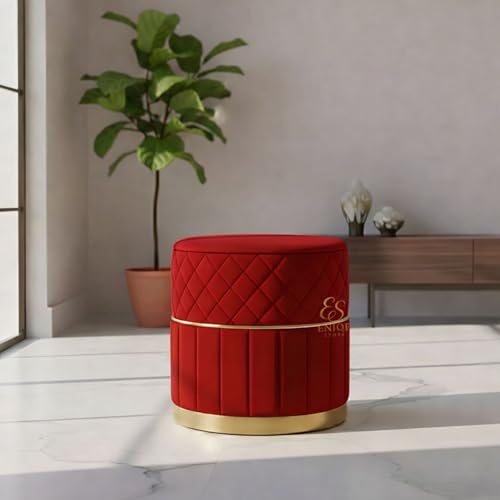 Image of Set of 2 Round Velvet Ottoman Footstool Gold Base - Tufted Upholstered Pouffe Stool for Living Room, Bedroom & Dressing Area (Red)