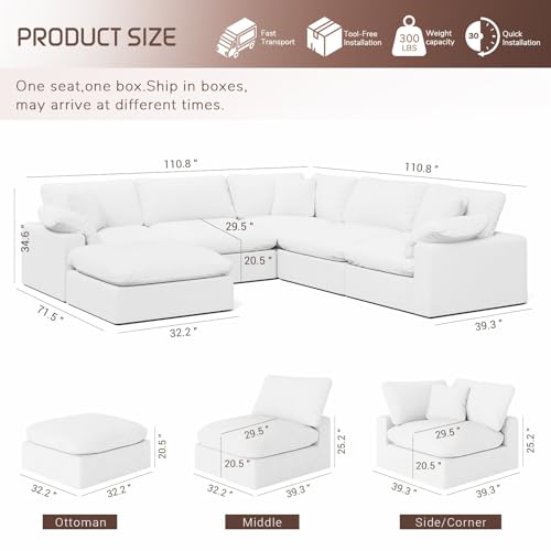Image of Cloud Modular Sectional Sofa,221.6 inch Down Filled Sofa 5 Seat with Chaise,Minimalist Sofa Cover Washable and Replaceable Couches for Living Room,Sectional Sofa Deep Seat