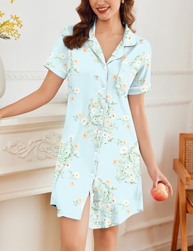Image of Ekouaer Nightgowns for Women Button Down Sleepshirt Short Sleeve Nightshirt Boyfriend Pajamas V Neck Nightdress S-XXXL