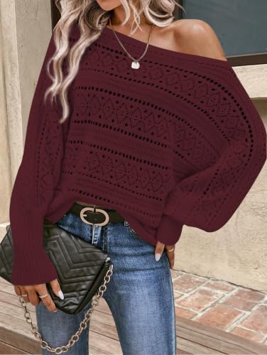 Image of Cakulo Womens Off Shoulder Sweater Top Fall Outfits Fashion 2026 Oversized Knit Batwing Long Sleeve Crochet Pullover Sweaters