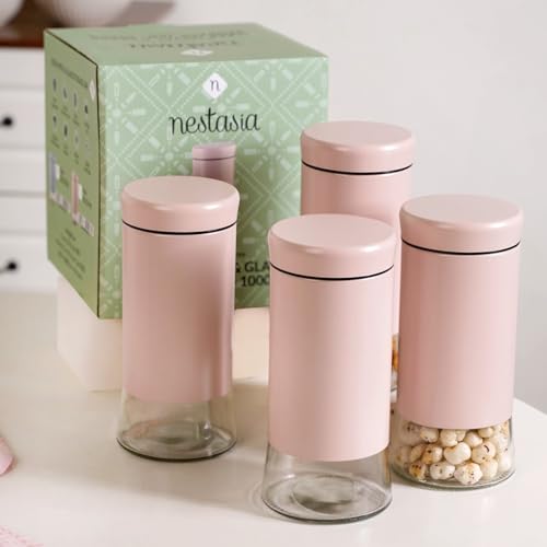 Image of Nestasia Metal Jacketed Glass Jars Set of 4 (1000 ml) | Airtight See - Through Glass Containers with Lids for Kitchen Storage - Ideal for Storing Snacks, Dry Fruits, Pickles or Pulses (Pastel Pink)