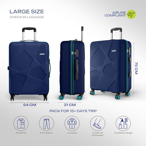 Image of Safari Large Polypropylene Spinner Pentagon Pro 8 Wheels 75Cm Size Checkin Trolley Bag, Hard Case 360º Wheeling Luggage for Men & Women, Travel Bag, Suitcase for Travel, Navy