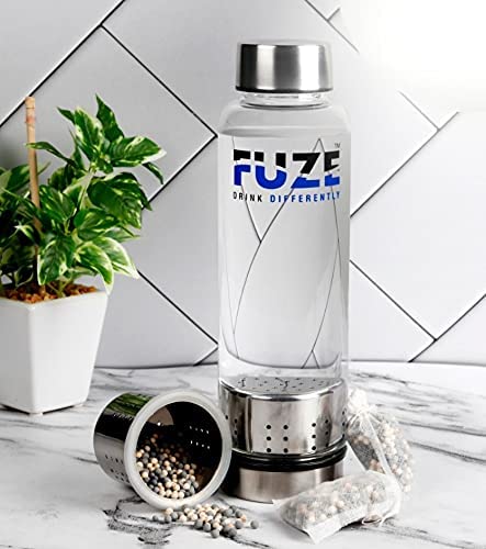 Fuze Borosilicate Glass Bottle with Removable Filter (700ml) | 1 pack of Alkaline Balls | Alkaline improves Immunity, increases blood oxygen & Nuetralizes Acid in Body (Dark Red - 700ml)