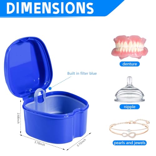 Image of KISEER Denture Bath Case Cup Box Holder Storage Soak Container with Strainer Basket for Travel Cleaning (Blue)