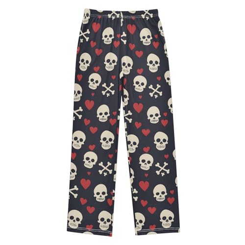 Skull with Heart Prints Pajama Pants Lounge Sleep Pants Elastic Waist Long Pajama Bottoms with Pockets for 6-14 Years