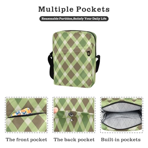 small messenger bag for women mens crossbody Women's Purse Adjustable Strap for business business- Plaid Green Yellow White Brown2