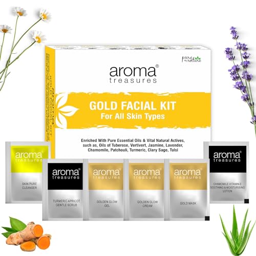 Image of Aroma Treasures Gold Facial Kit (30g /ml) | With 24K Gold Leaf, Turmeric, Lavender & Jasmine Oils | Paraben-Free, Cruelty-Free | Instant Glow, Deep Cleansing & Skin Brightening - For All Skin Types