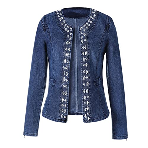 HEYDHSDC Damen-Jeansjacke mit Diamant-Nieten, dehnbar, rund, Kragen, Jeansmantel, Strass, Jeansjacke, blau, 48