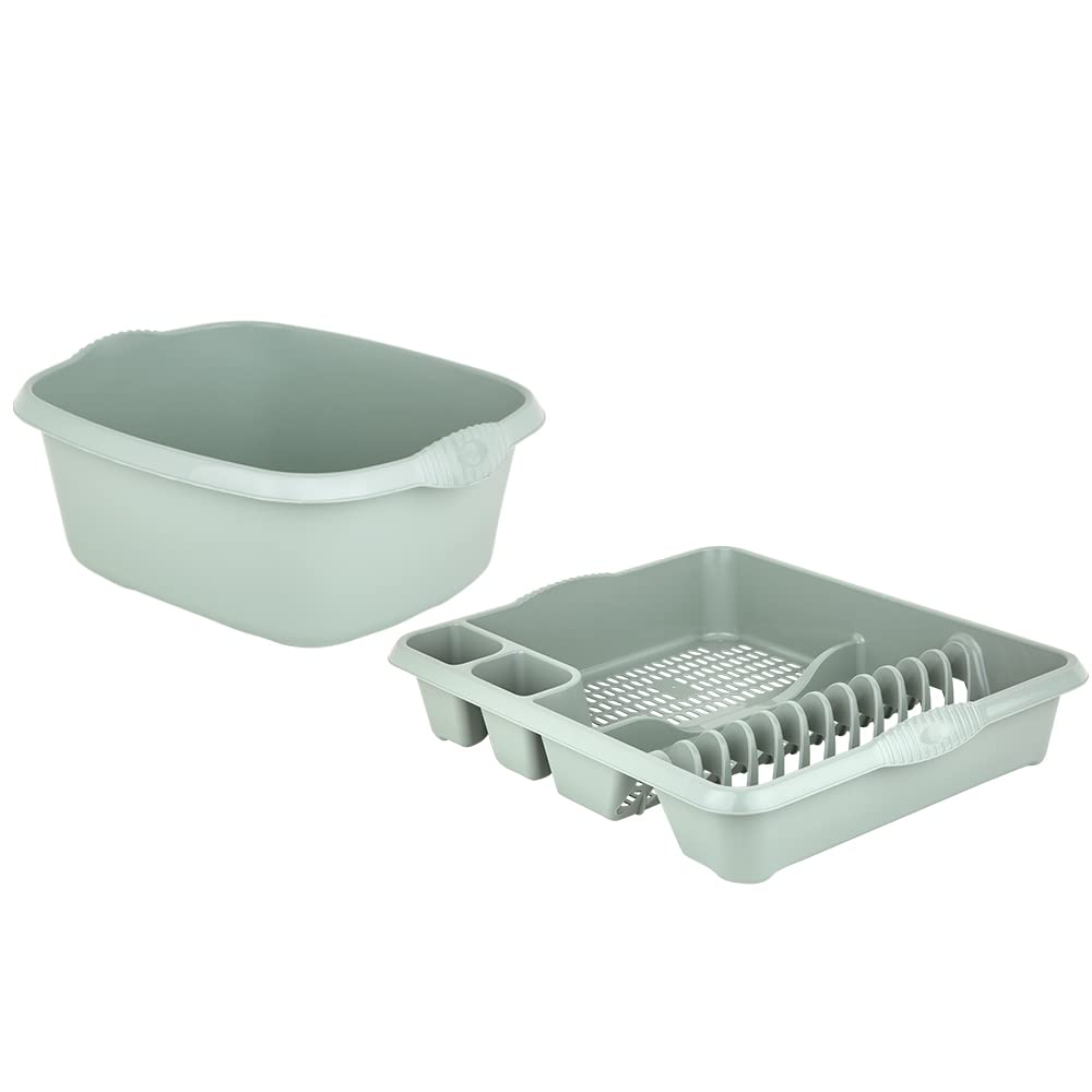 JMS we create smile 2 PIECE KITCHEN SET - LARGE DISH DRAINER & RECTANGLE WASHING UP BOWL (Silver Sage)