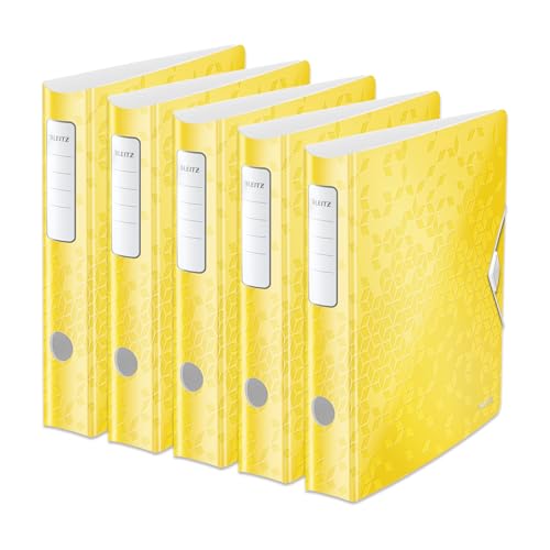 Leitz Qualitäts-Ordner 180° Active WOW, 5er Pack, A4, Schmal, Abgerundeter Rücken, 6,5 cm breit, Gummibandverschluss, Leichtes Polyfoam, Plastik-Ordner, WOW Serie, Gelb, 11070016