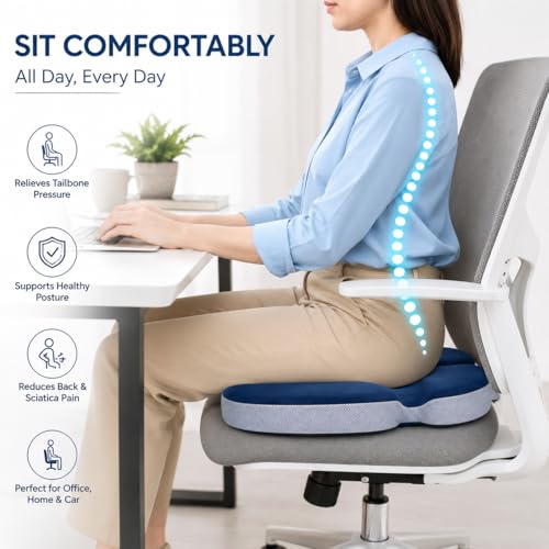 Image of Doctor Recommended Premium Orthopedic Foam Coccyx Seat Cushion for Tailbone Pain Relief, Sciatica Pain Relief Hip Support, Lower Back Support with Removable Cover, Blue and Grey, Pack of 1