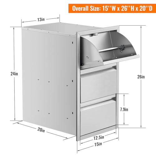 Image of 15 inch W x 26 inch H x 22 inch D Inch Outdoor Kitchen Stainless Steel Triple Access Drawers with Paper Towel Holder Combo for Outdoor Kitchen Island or Grill Station