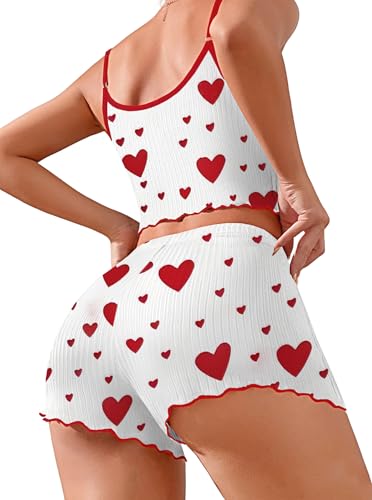 Image of Hilinker Womens Graphic Print Ribbed PJ Set Crop Cami Tops and Shorts Cute Pajamas Set