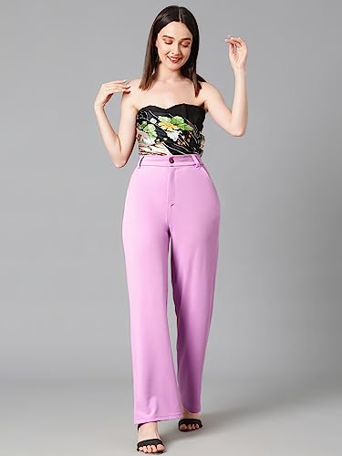 Image of KOTTY Women's High Rise Cotton Blend Relaxed Fit Trousers Lavender Purple