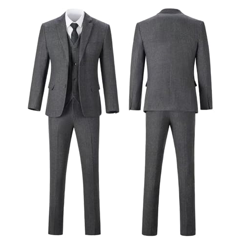 Image of Retro 3 Piece Suit Tweed Herringbone Men's Suits Slim Fit Groom Tuxedos Set Prom Brown Grey Jacket Blazer Vest Pants