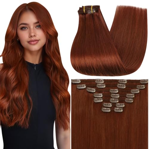 Image of Full Shine Clip in Extensions Real Human Hair Copper Mahogany | Real Human Hair Extensions Clip ins, Dark Auburn, Glam Look, for Festivals, 22 Inch 7 Pcs 120g