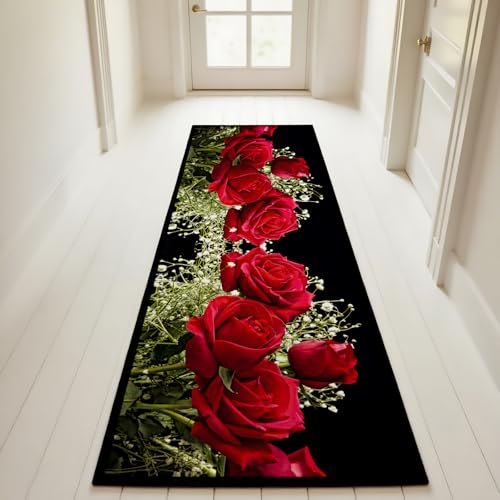 2x6 ft Modern Floral Washable Rug, Non-Slip, Red Rose