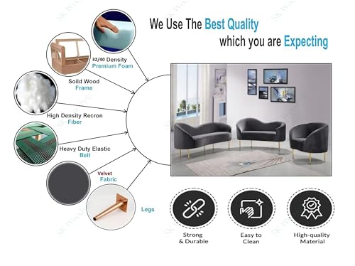Image of Rosewood Luxury Curved Sofa in Premium Velvet-Fabric | Solid Wood Structure | High Density Foam | Sturdy Golden Legs | Comfortable & Stylish Couch for Modern Living Room (Grey, 1 Seater)